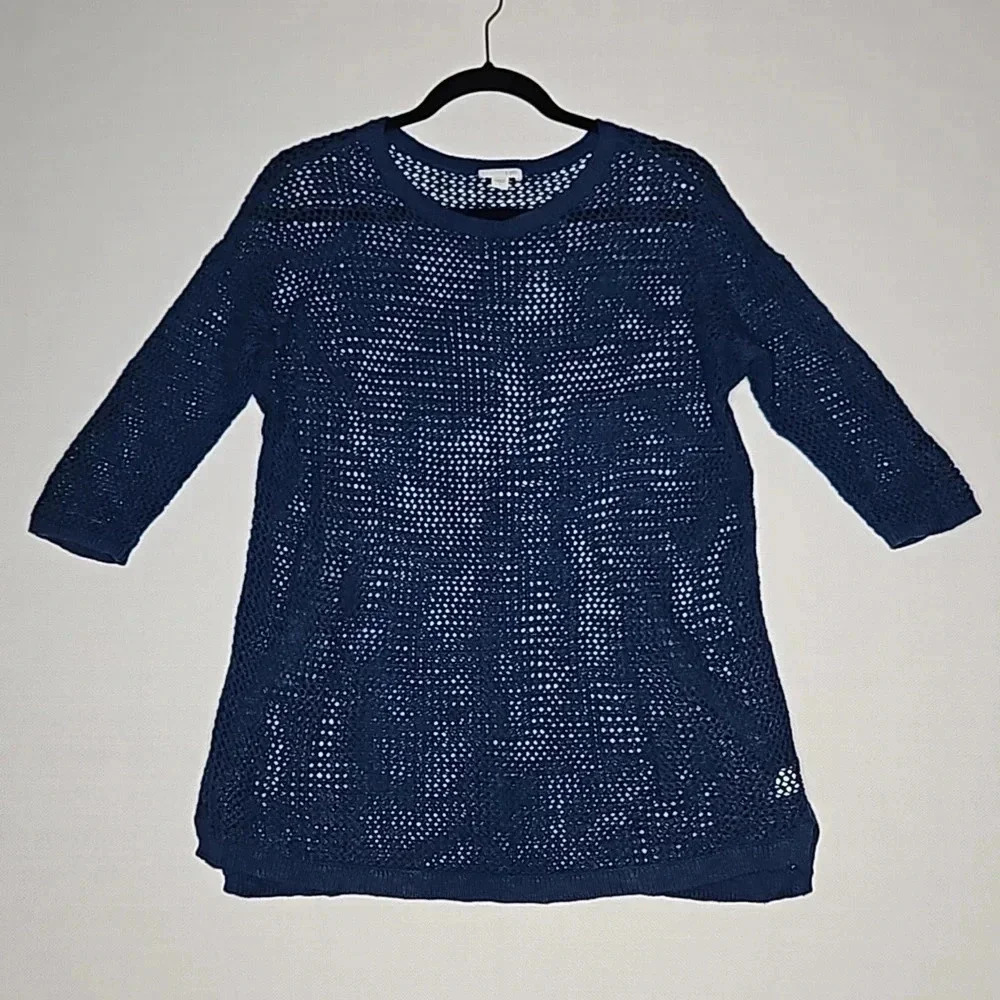 J. Jill Open Knit Sweater Teal Blue Linen Cotton Blend Women's Small - Picture 1 of 16